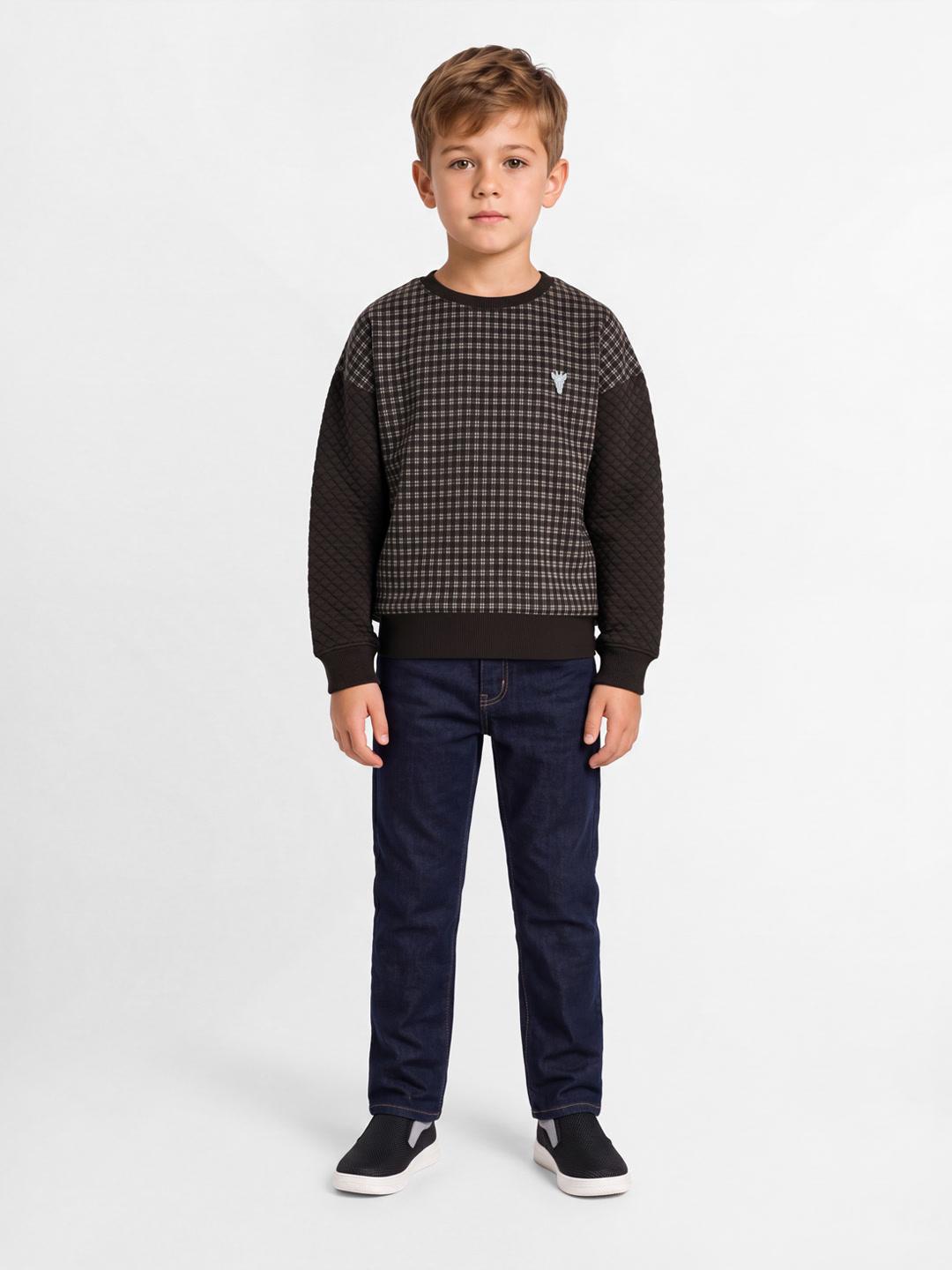 Blue Giraffe Boys Dark Brown Checked Regular Fit Sweatshirt