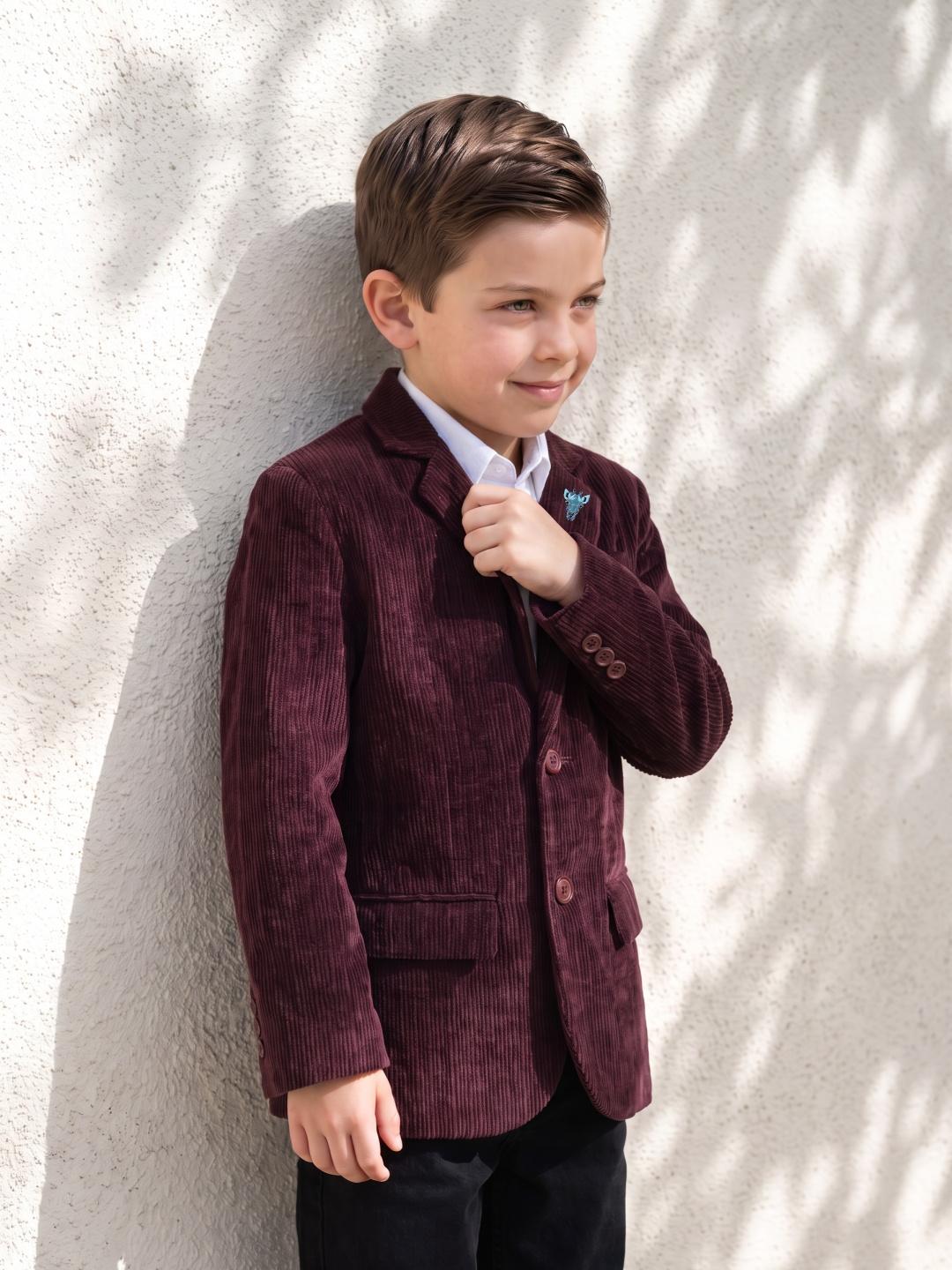 Blue Giraffe Boys Wine Regular Fit Corduroy Solid Blazer
