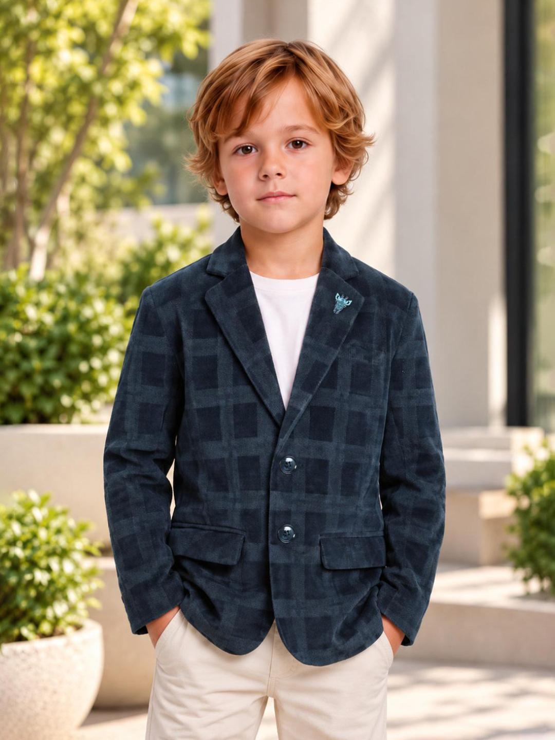 Blue Giraffe Boys Blue Checked Regular Fit Blazer