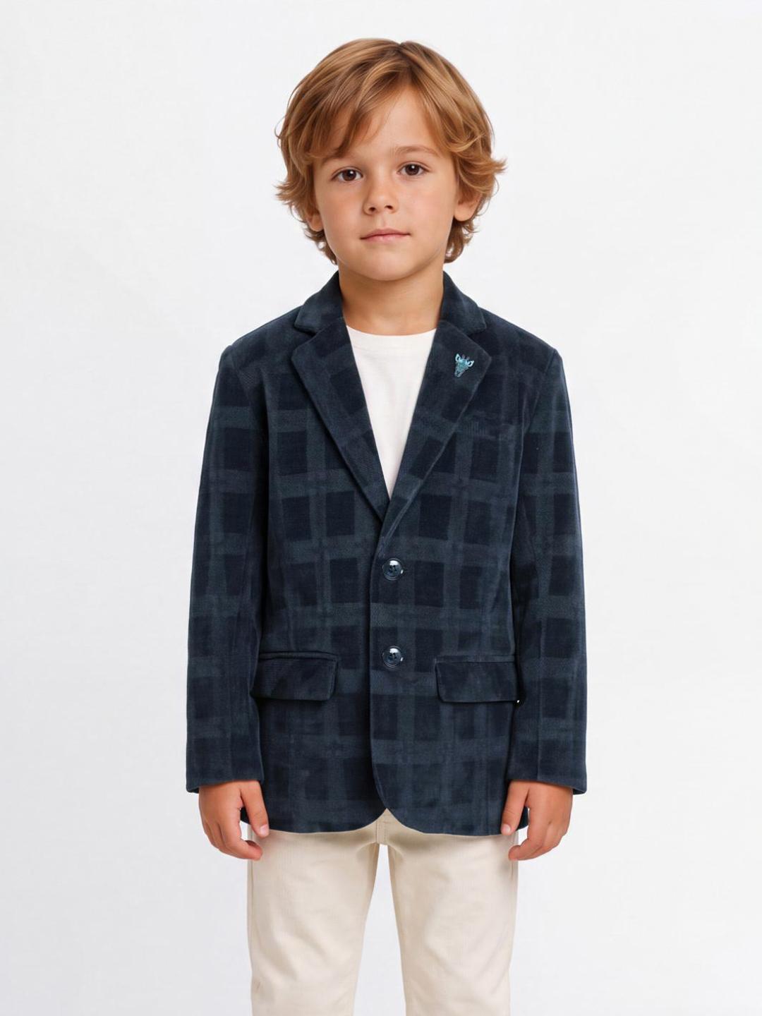 Blue Giraffe Boys Blue Checked Regular Fit Blazer