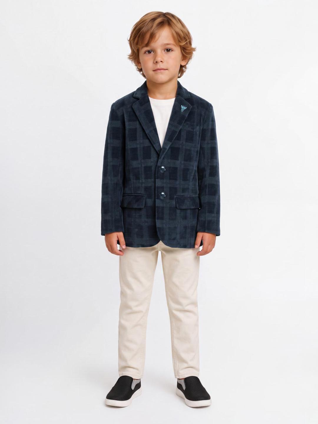 Blue Giraffe Boys Blue Checked Regular Fit Blazer