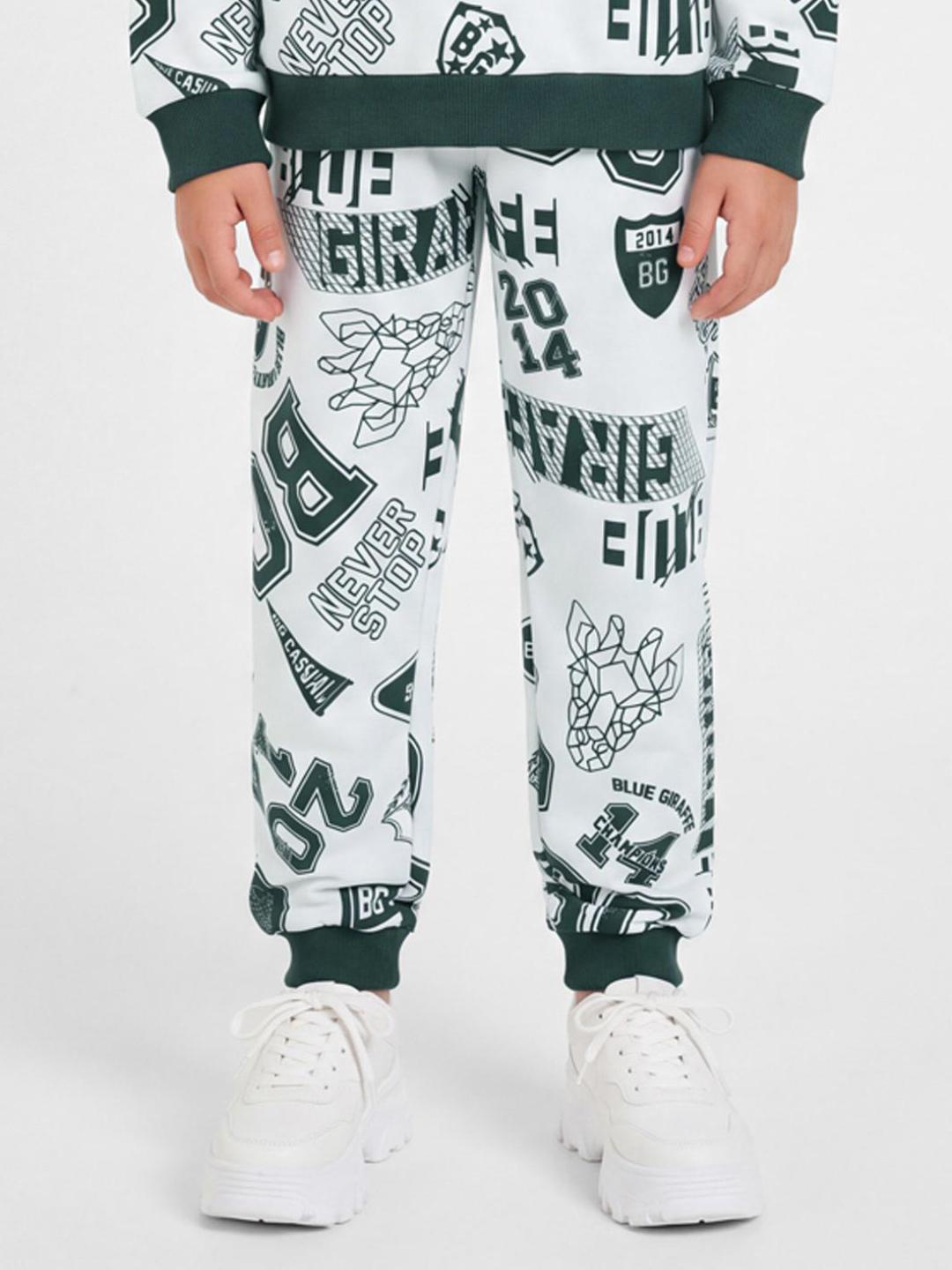 Blue Giraffe Boys White Printed Regular Fit Cotton Stretchable Sweatpant