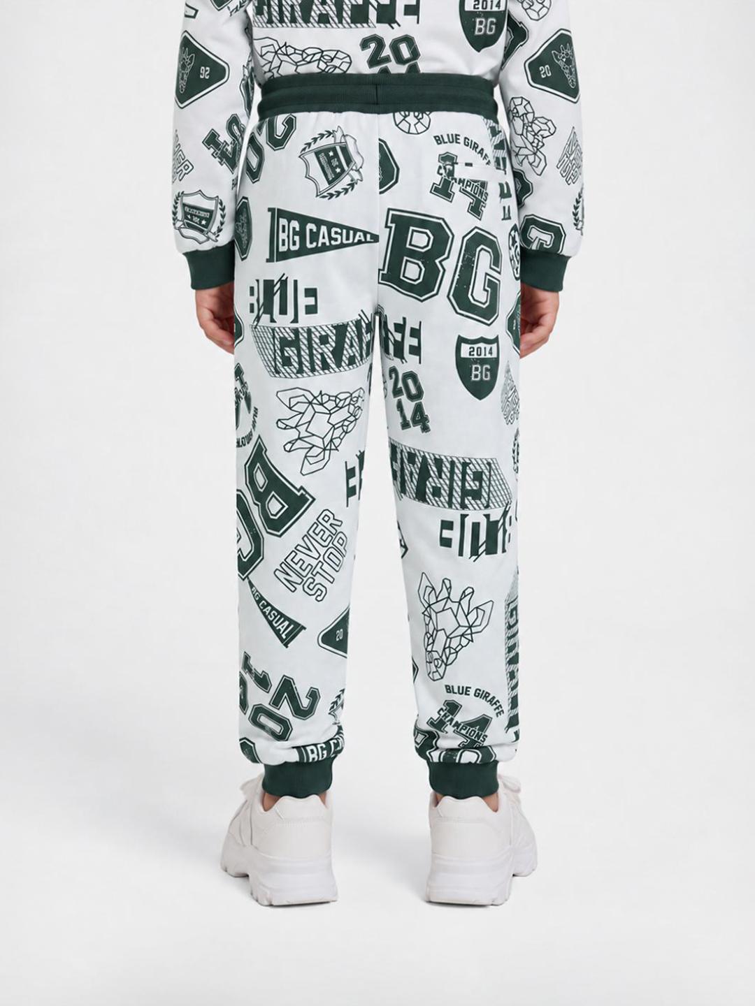 Blue Giraffe Boys White Printed Regular Fit Cotton Stretchable Sweatpant