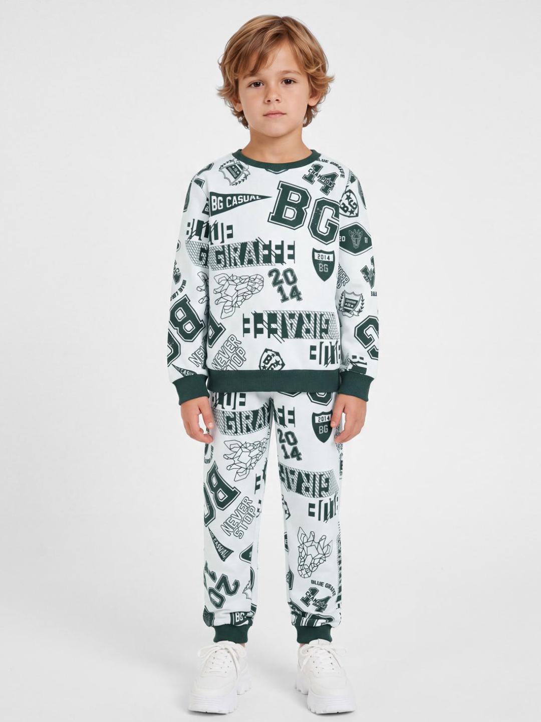 Blue Giraffe Boys White Printed Regular Fit Cotton Stretchable Sweatpant