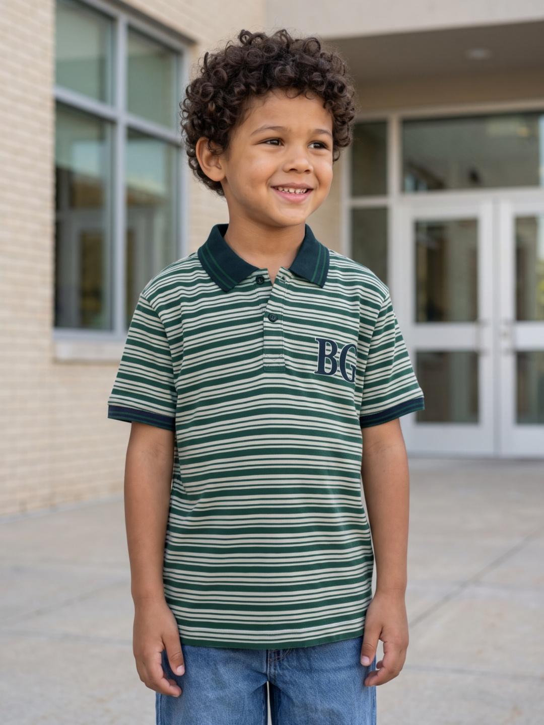 Blue Giraffe Boys Green Regular Fit Striped Polo T-Shirt