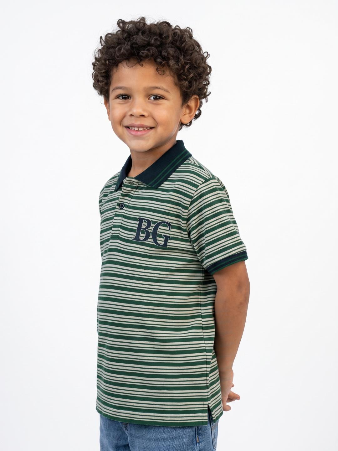 Blue Giraffe Boys Green Regular Fit Striped Polo T-Shirt