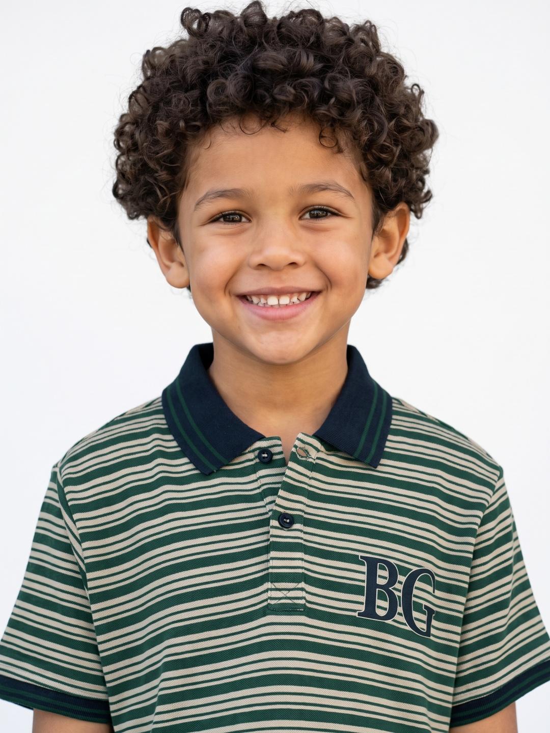 Blue Giraffe Boys Green Regular Fit Striped Polo T-Shirt