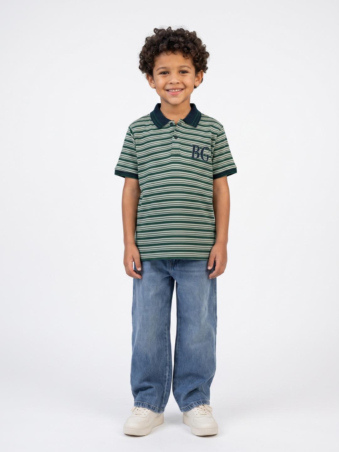 Blue Giraffe Boys Green Regular Fit Striped Polo T-Shirt