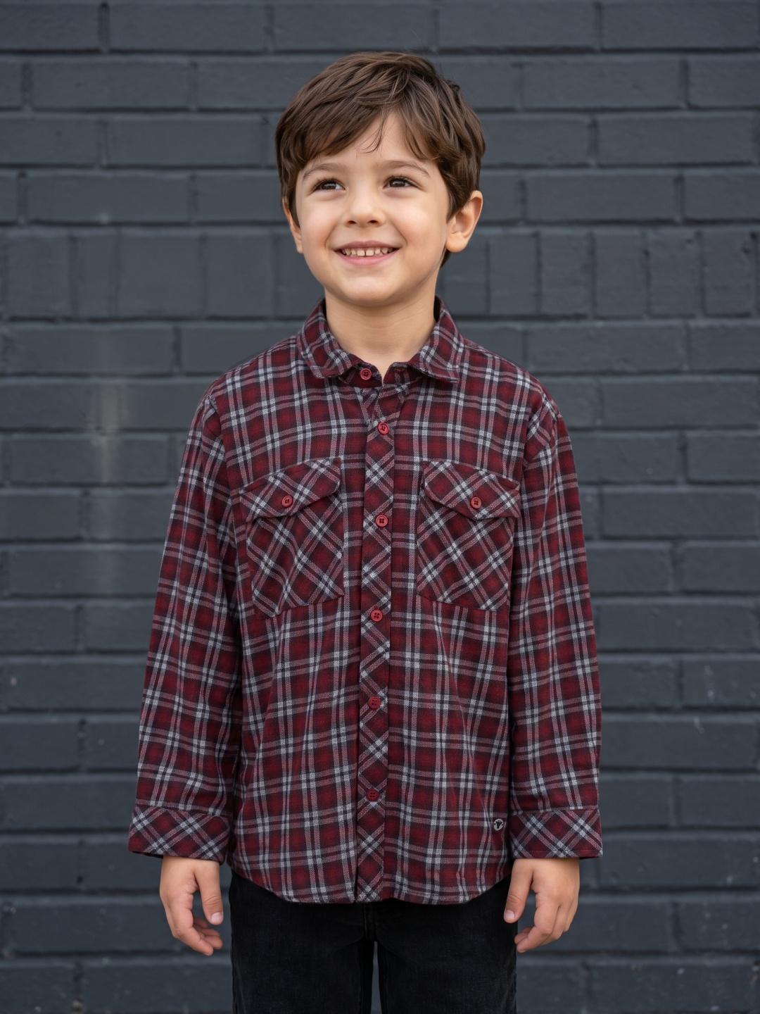 Blue Giraffe Boys Maroon Regular Fit Checked Cotton Shirt