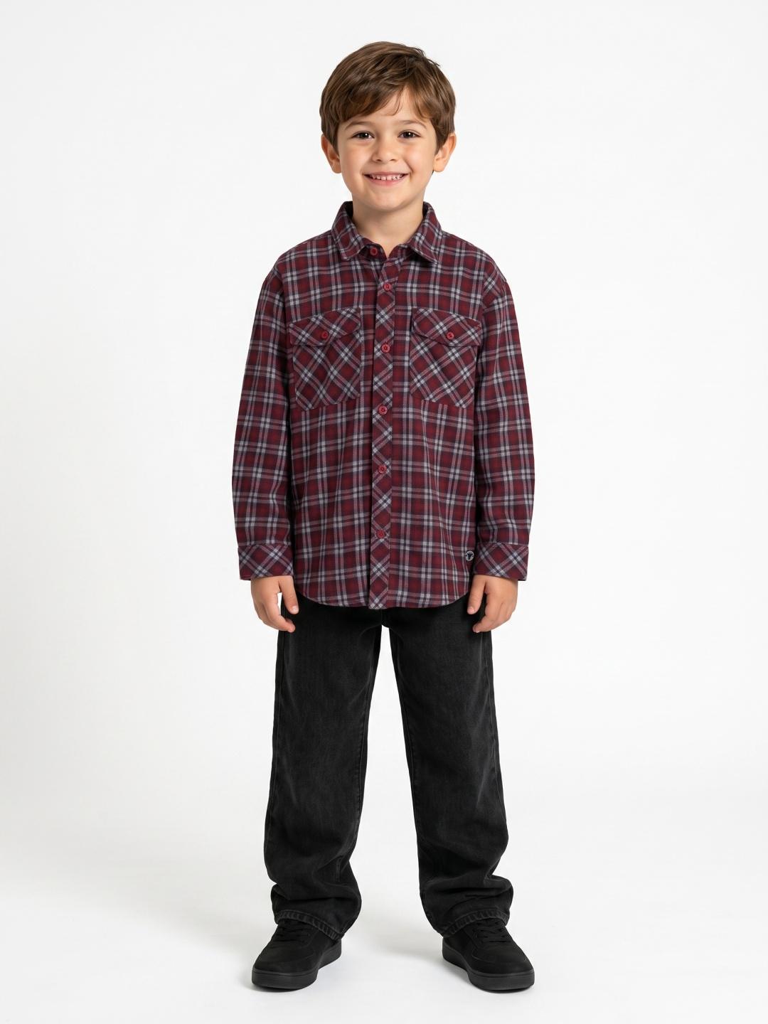 Blue Giraffe Boys Maroon Regular Fit Checked Cotton Shirt
