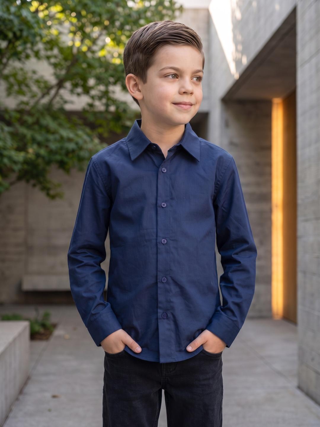 Blue Giraffe Boys Navy Blue Solid Regular Fit Cotton Shirt
