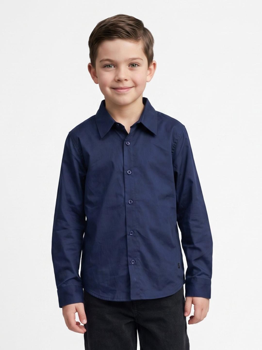 Blue Giraffe Boys Navy Blue Solid Regular Fit Cotton Shirt