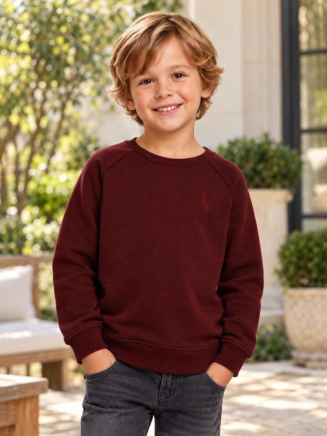 Blue Giraffe Boys Dark Maroon Solid Regular Fit Sweatshirt