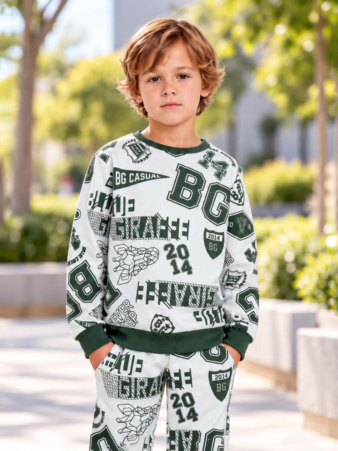 Blue Giraffe Boys White Printed Regular Fit Stretchable Sweatshirt