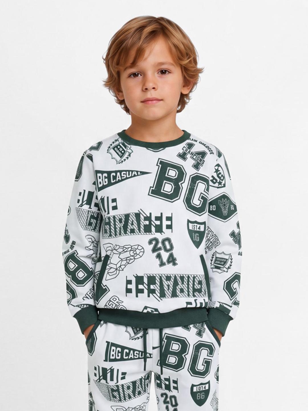 Blue Giraffe Boys White Printed Regular Fit Stretchable Sweatshirt