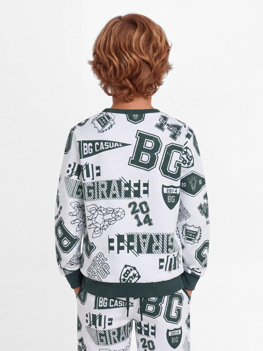 Blue Giraffe Boys White Printed Regular Fit Stretchable Sweatshirt