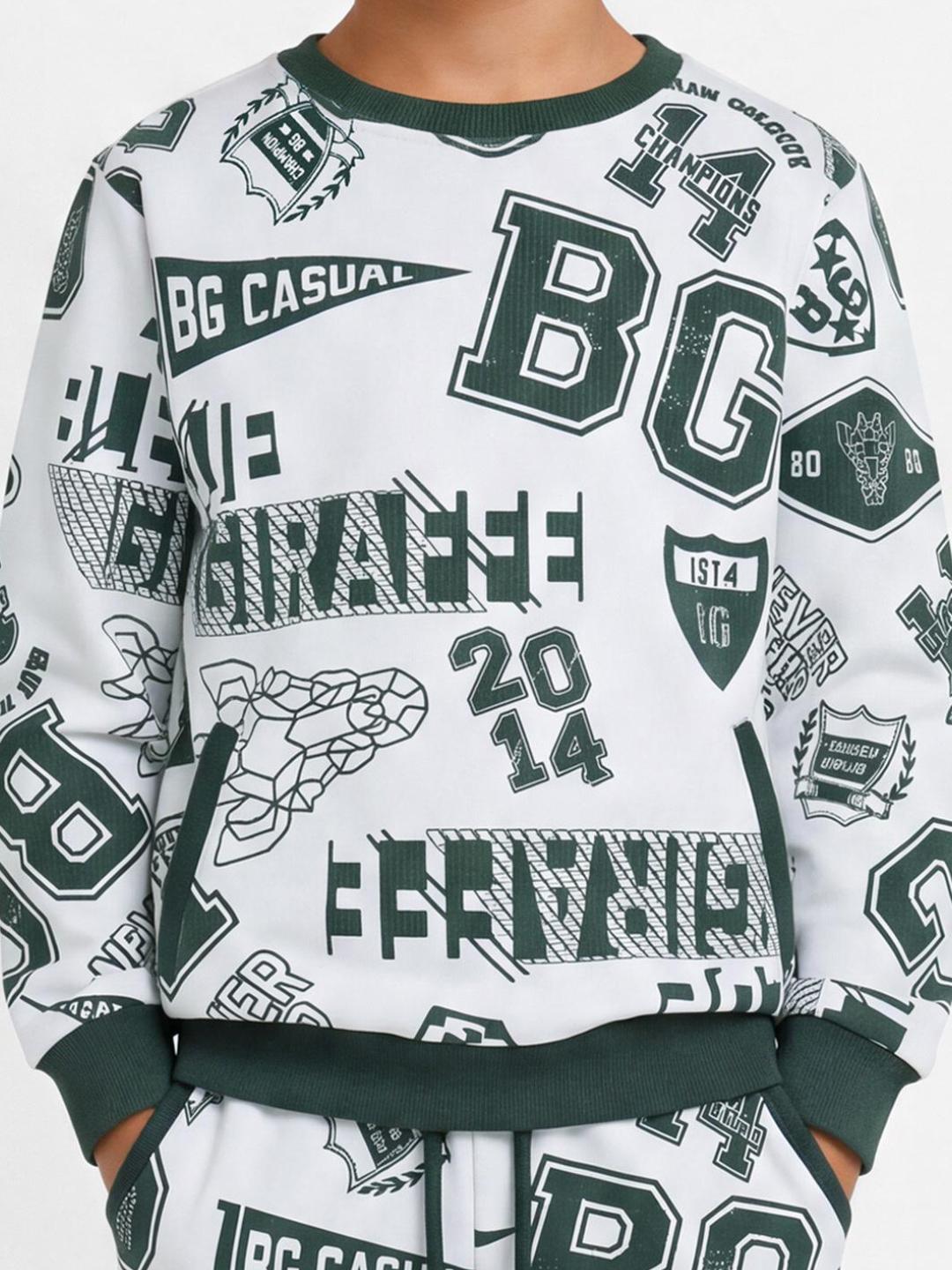 Blue Giraffe Boys White Printed Regular Fit Stretchable Sweatshirt