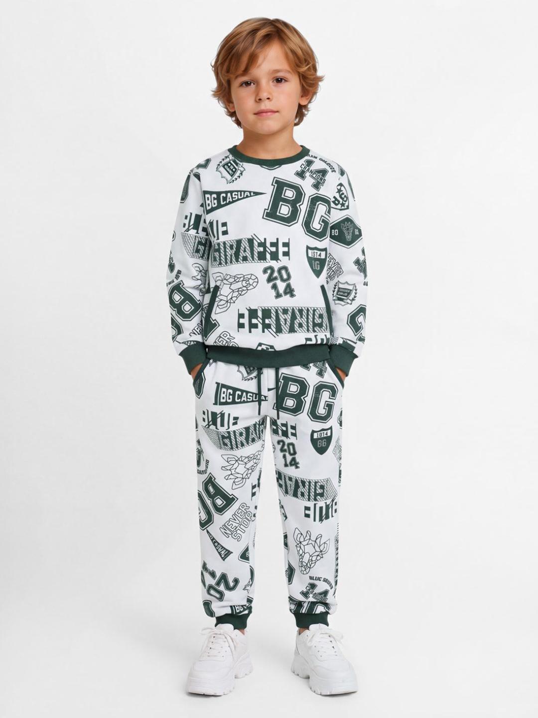 Blue Giraffe Boys White Printed Regular Fit Stretchable Sweatshirt