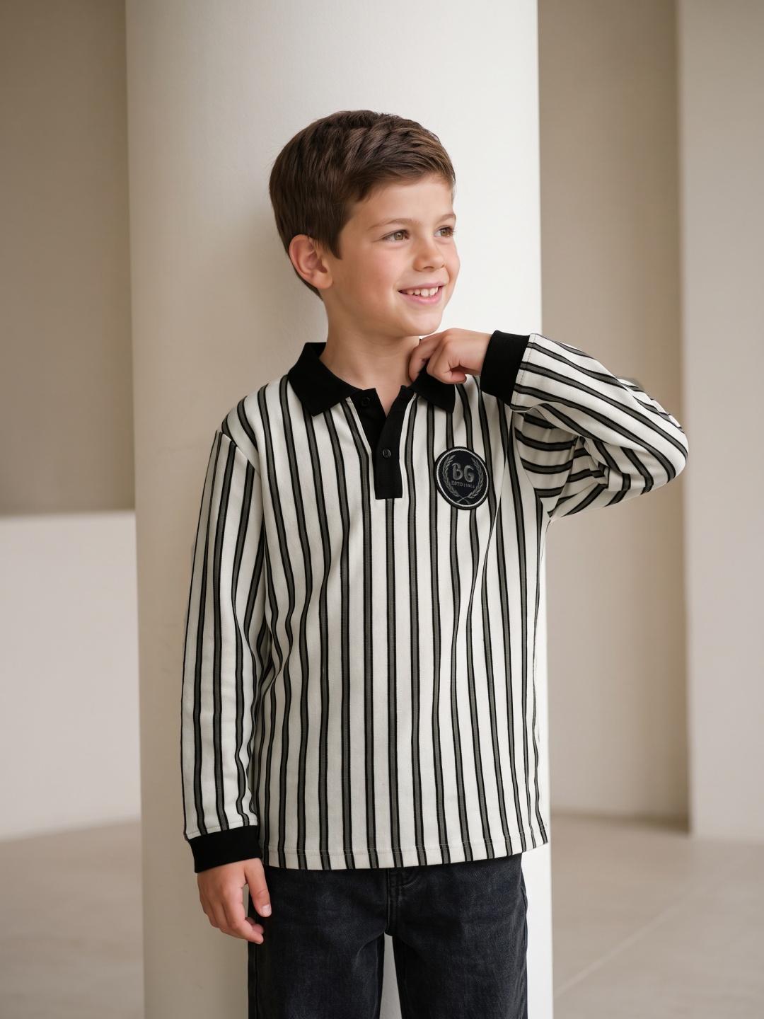 Blue Giraffe Boys White & Black Striped Regular Fit Polo T-Shirt