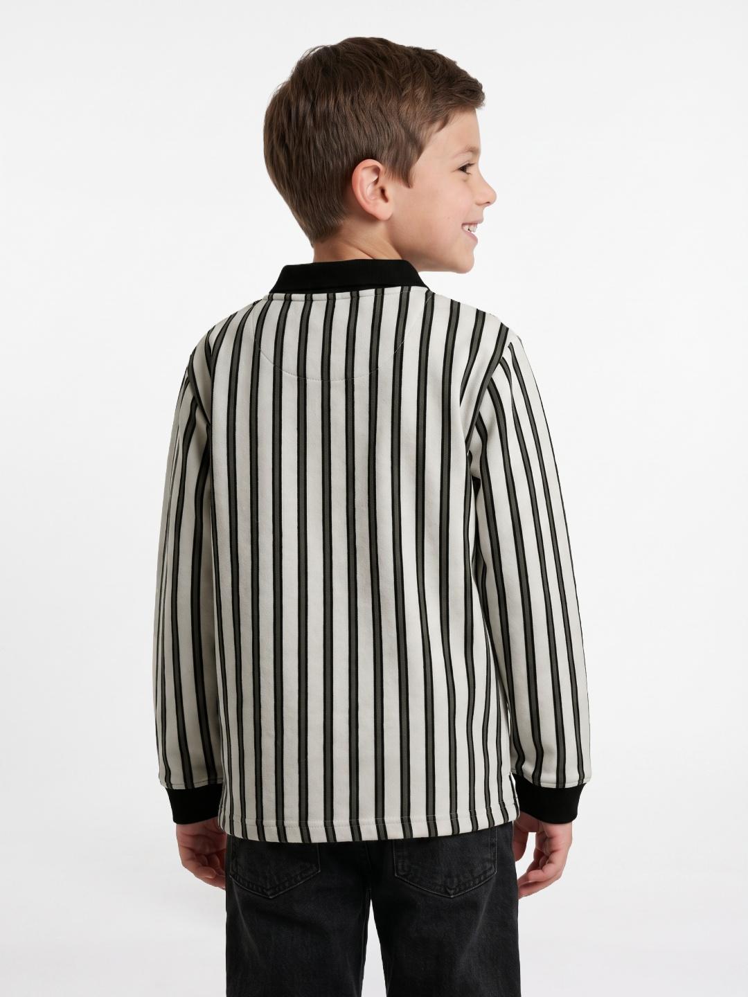 Blue Giraffe Boys White & Black Striped Regular Fit Polo T-Shirt