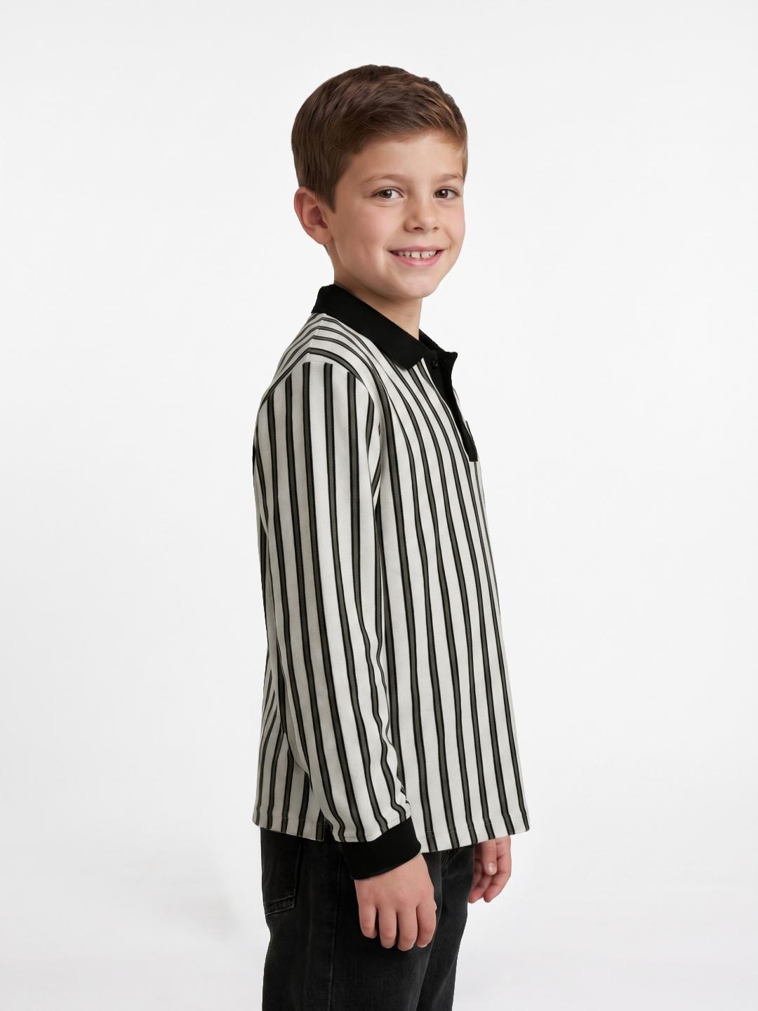 Blue Giraffe Boys White & Black Striped Regular Fit Polo T-Shirt