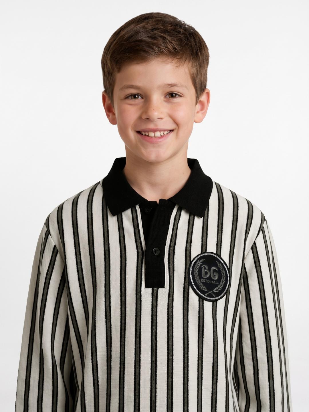 Blue Giraffe Boys White & Black Striped Regular Fit Polo T-Shirt