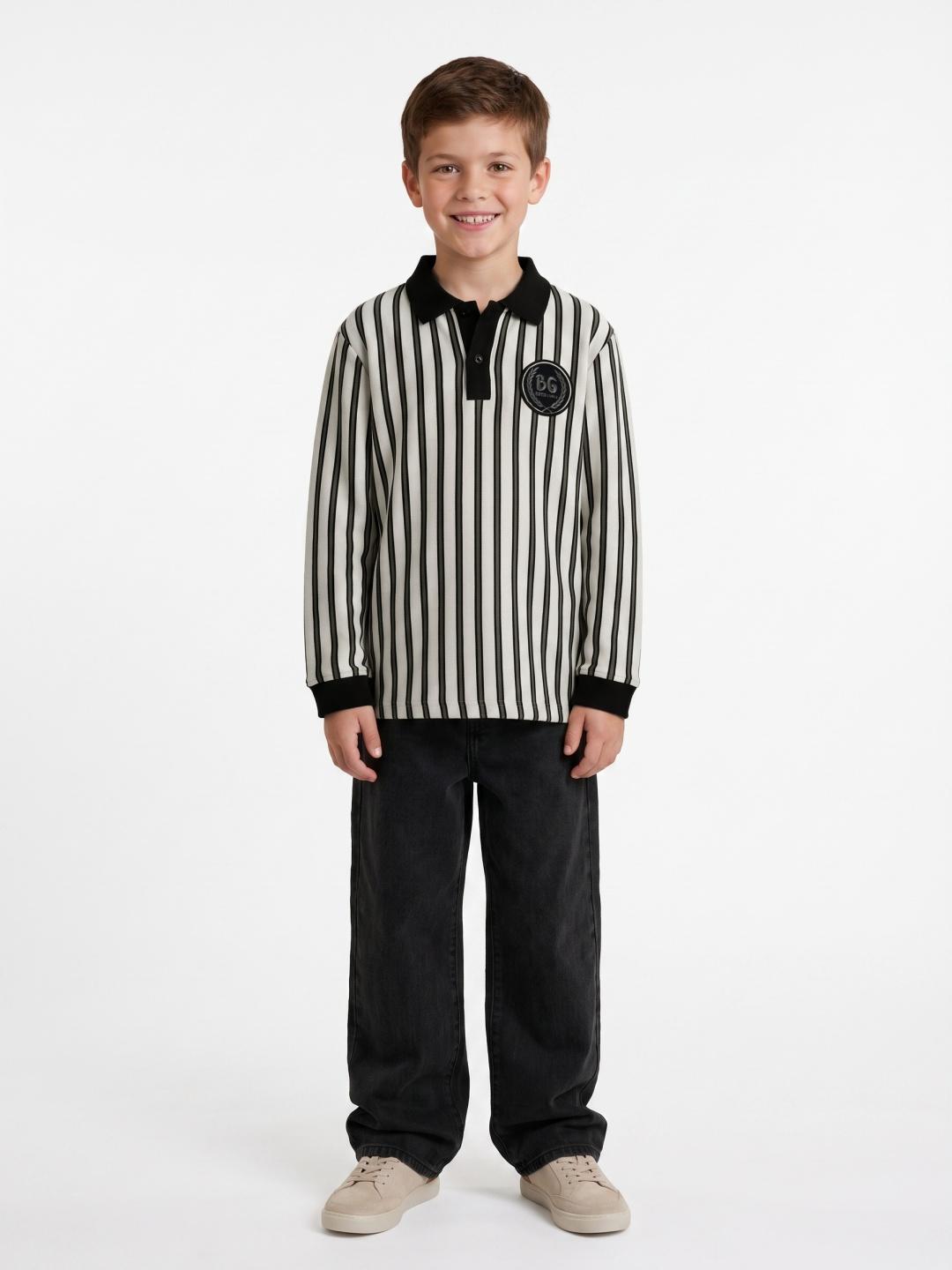 Blue Giraffe Boys White & Black Striped Regular Fit Polo T-Shirt