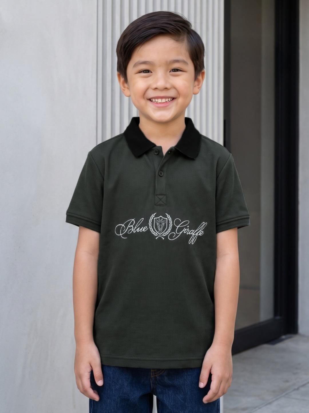 Blue Giraffe Boys Dark Green Solid Regular Fit Cotton Polo T-Shirt