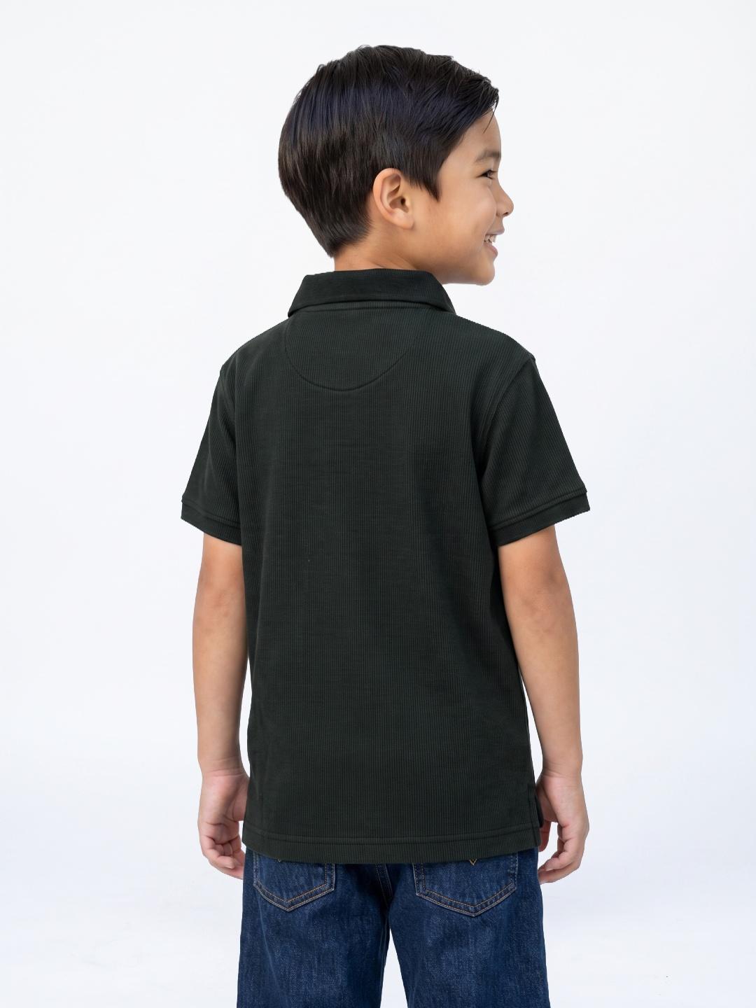 Blue Giraffe Boys Dark Green Solid Regular Fit Cotton Polo T-Shirt