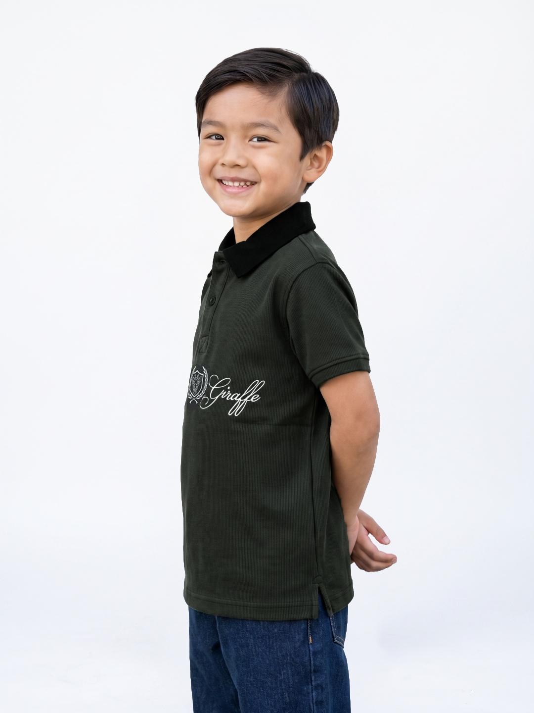 Blue Giraffe Boys Dark Green Solid Regular Fit Cotton Polo T-Shirt