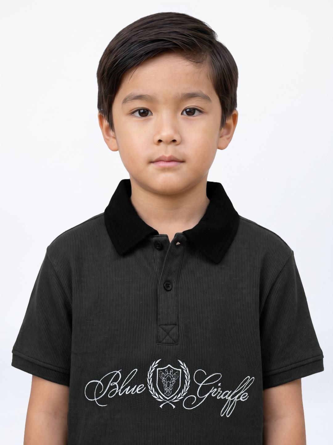 Blue Giraffe Boys Dark Green Solid Regular Fit Cotton Polo T-Shirt