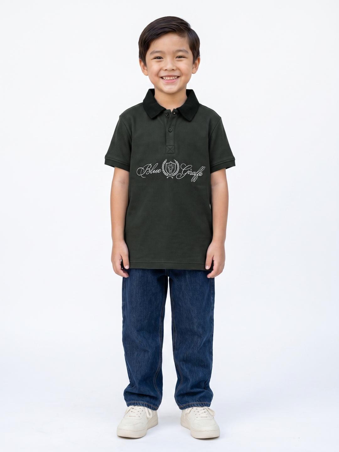 Blue Giraffe Boys Dark Green Solid Regular Fit Cotton Polo T-Shirt
