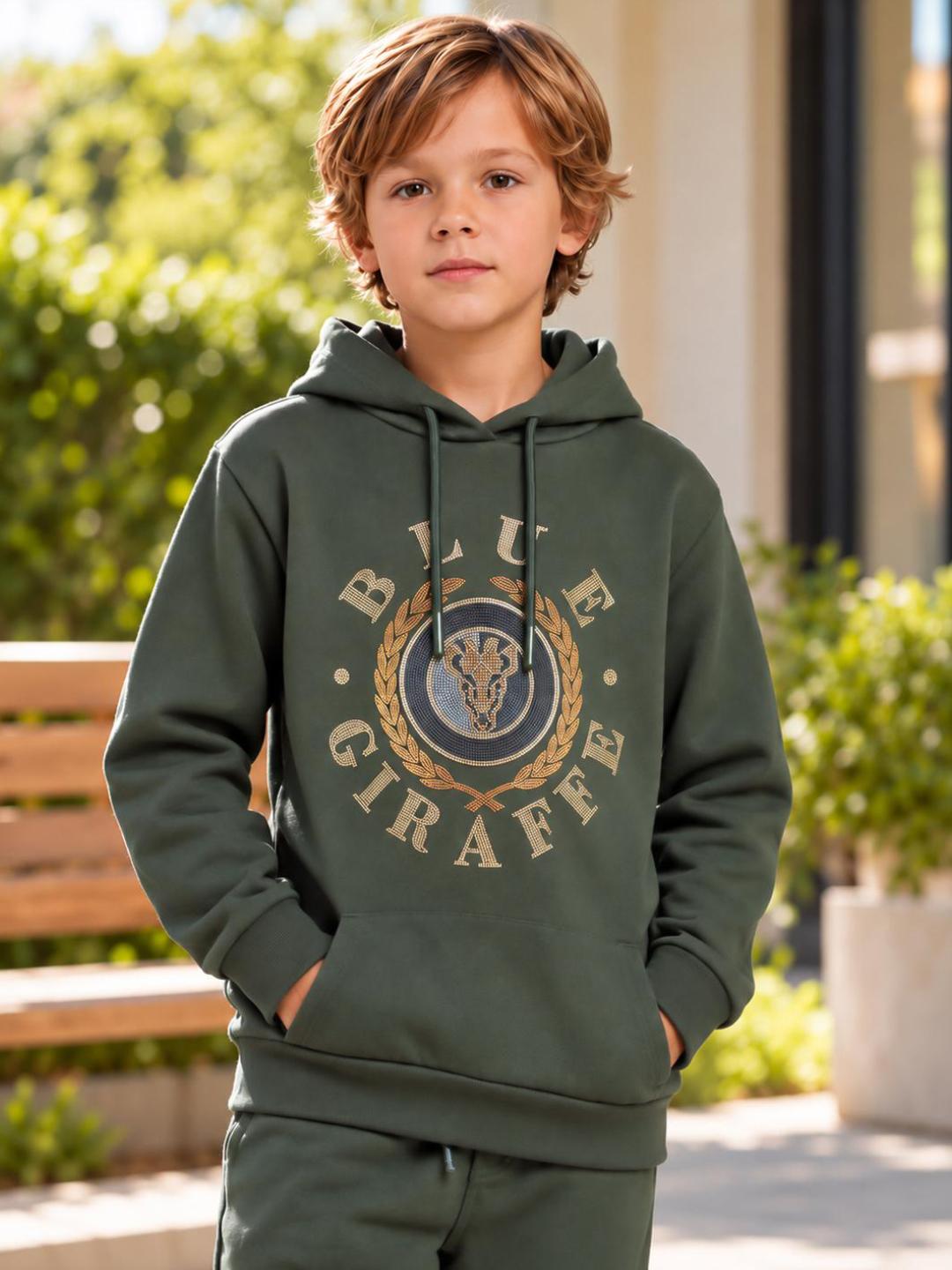 Blue Giraffe Boys Green Solid Regular Fit Stretchable Hoodie