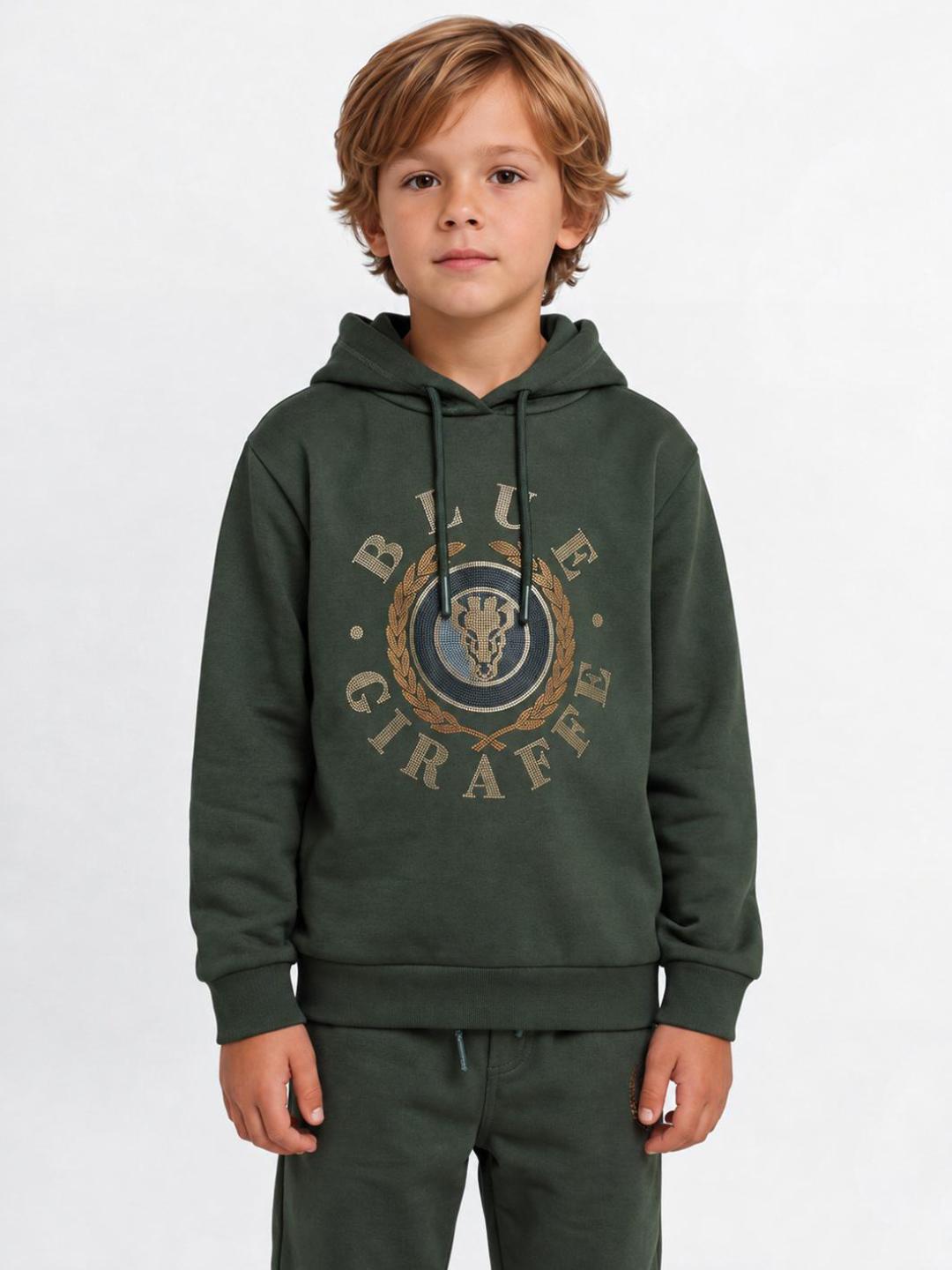 Blue Giraffe Boys Green Solid Regular Fit Stretchable Hoodie