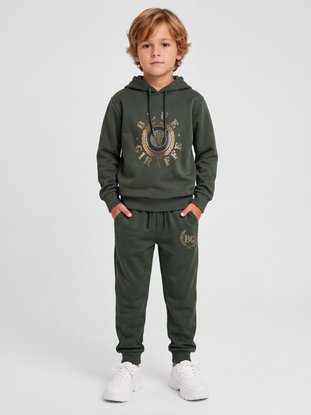 Blue Giraffe Boys Green Solid Regular Fit Stretchable Hoodie
