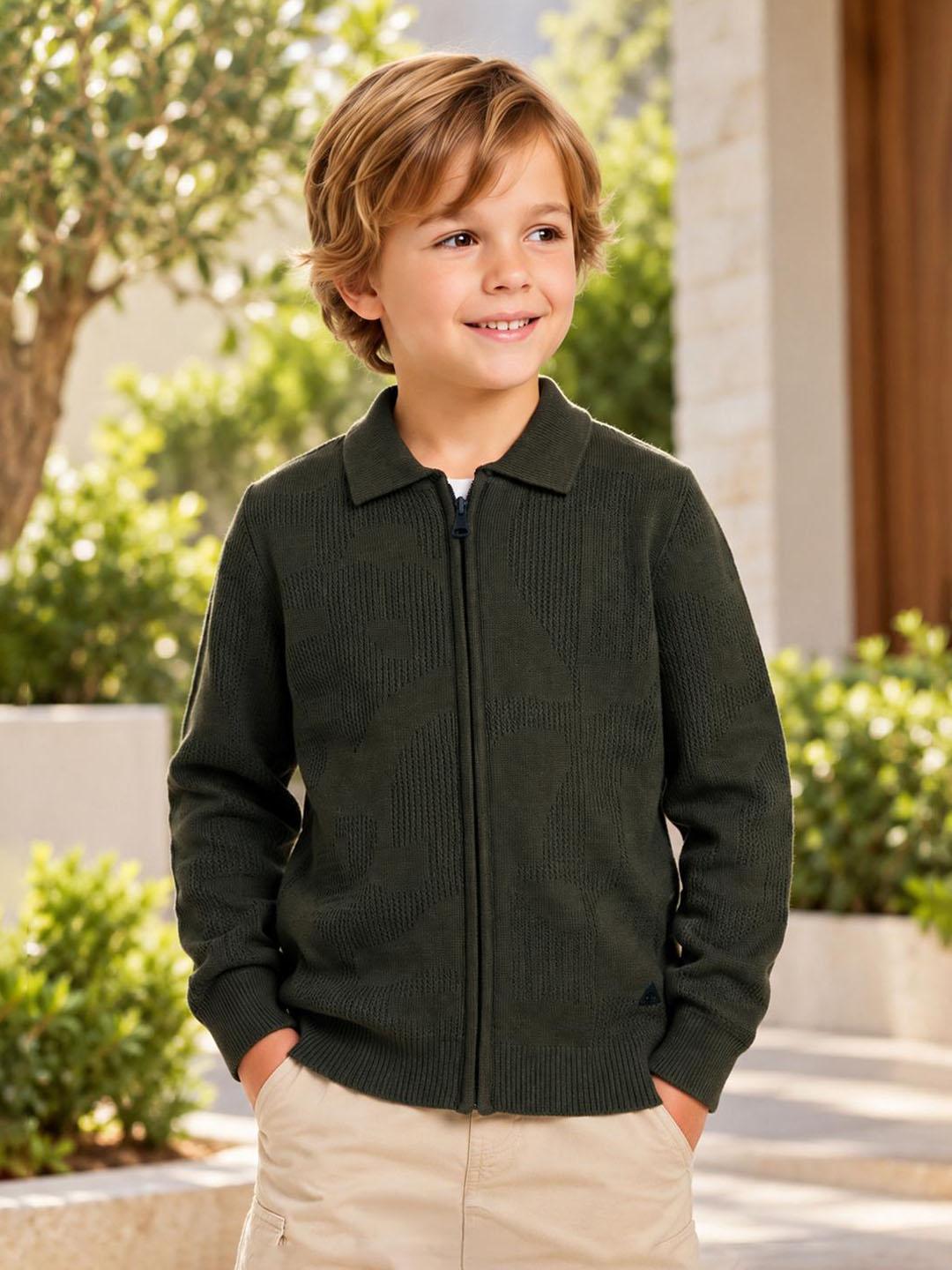 Blue Giraffe Boys Dark Green Solid Regular Fit Sweater