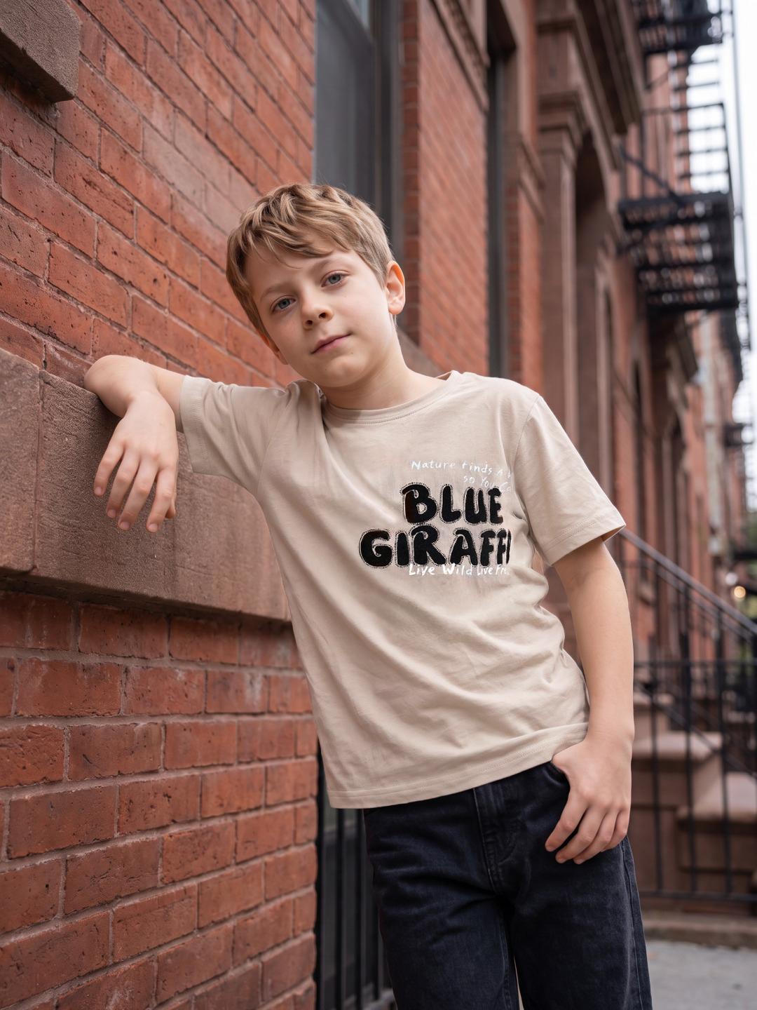 Blue Giraffe Boys Beige Boxy Fit Printed Tshirt