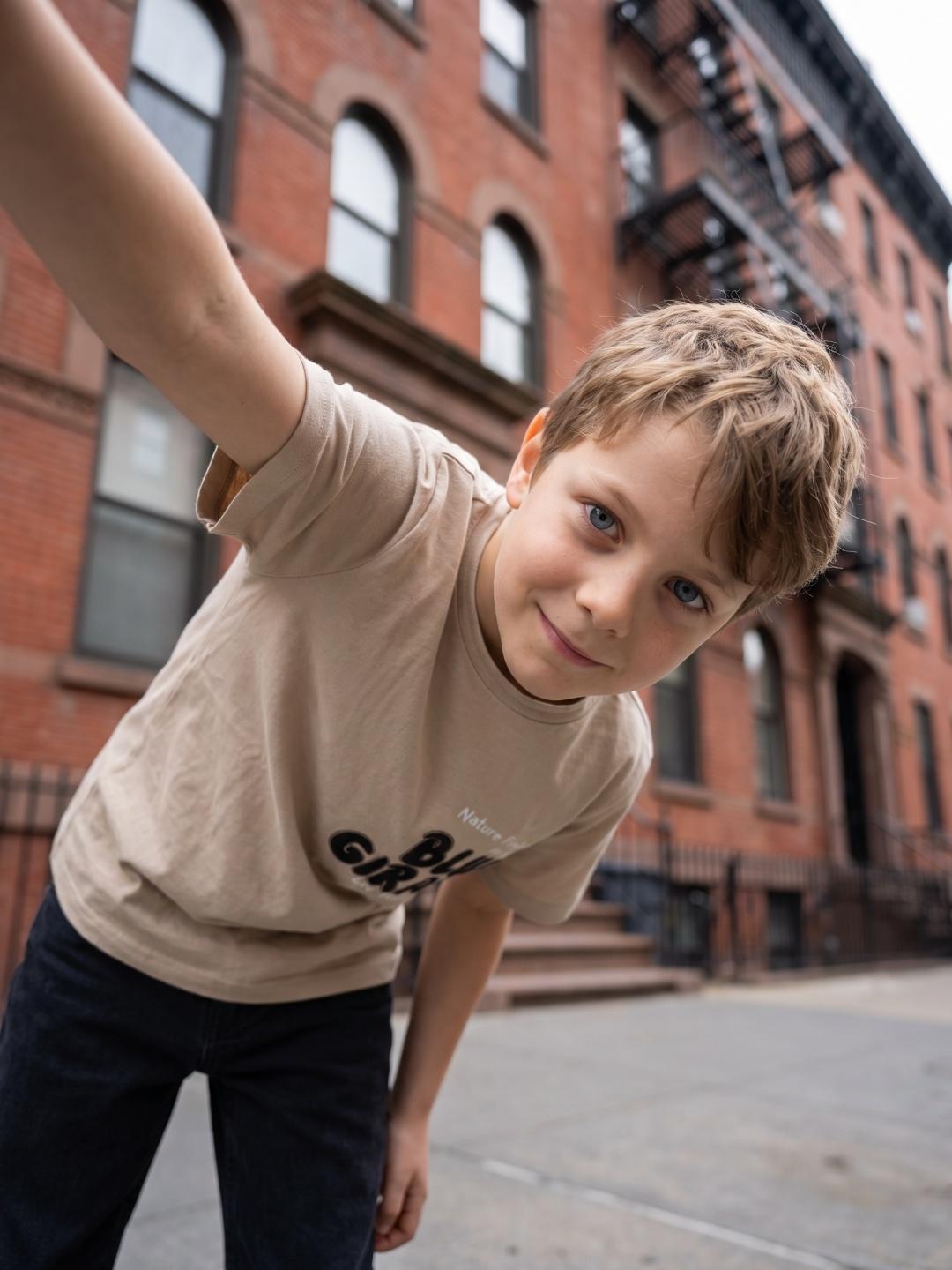 Blue Giraffe Boys Beige Boxy Fit Printed Tshirt