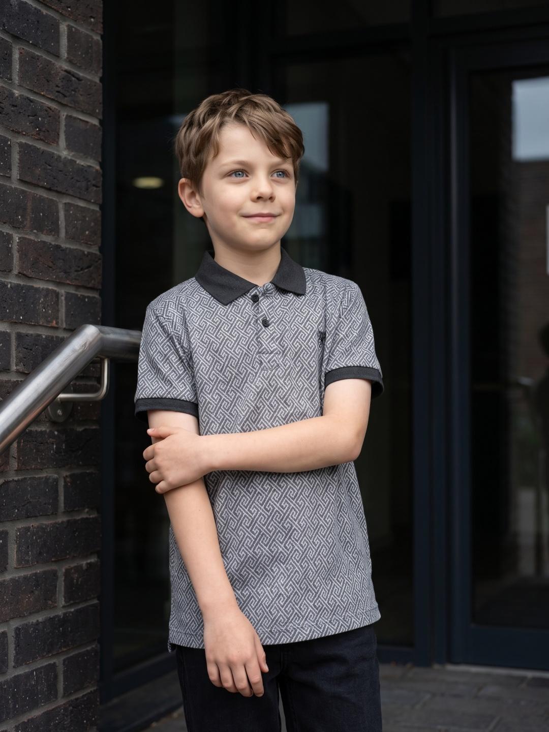Blue Giraffe Boys Grey Regular Fit Striped Polo Tshirt