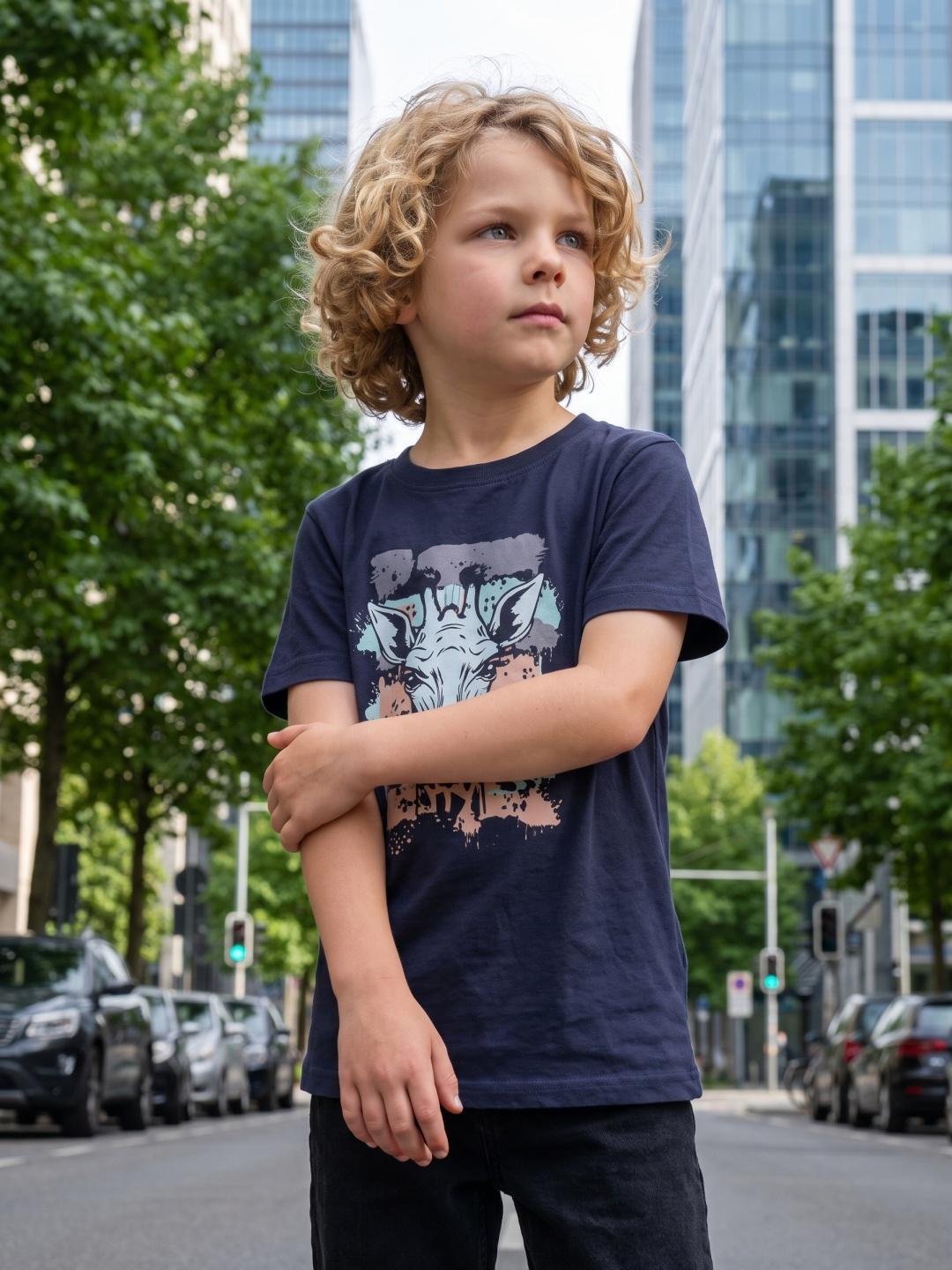 Blue Giraffe Boys Navy Blue Regular Fit Printed Tshirt