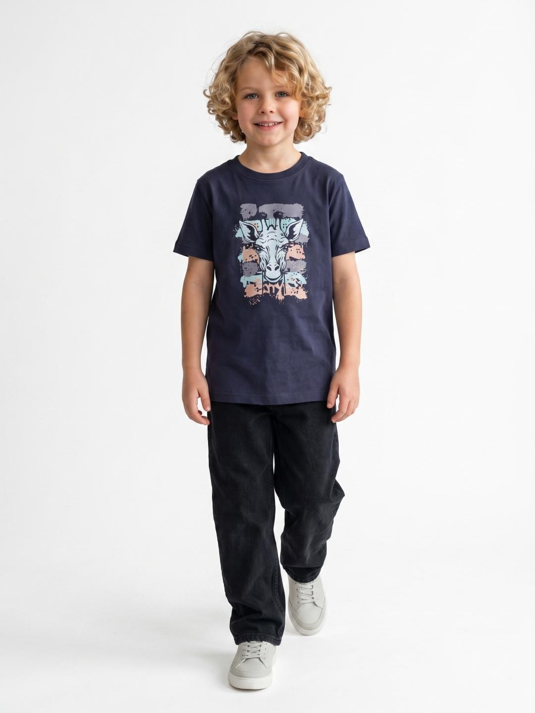 Blue Giraffe Boys Navy Blue Regular Fit Printed Tshirt