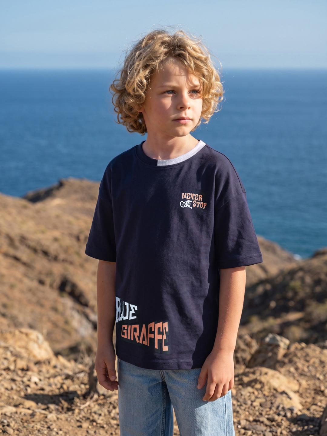 Blue Giraffe Boys Navy Blue Boxy Fit Solid Tshirt