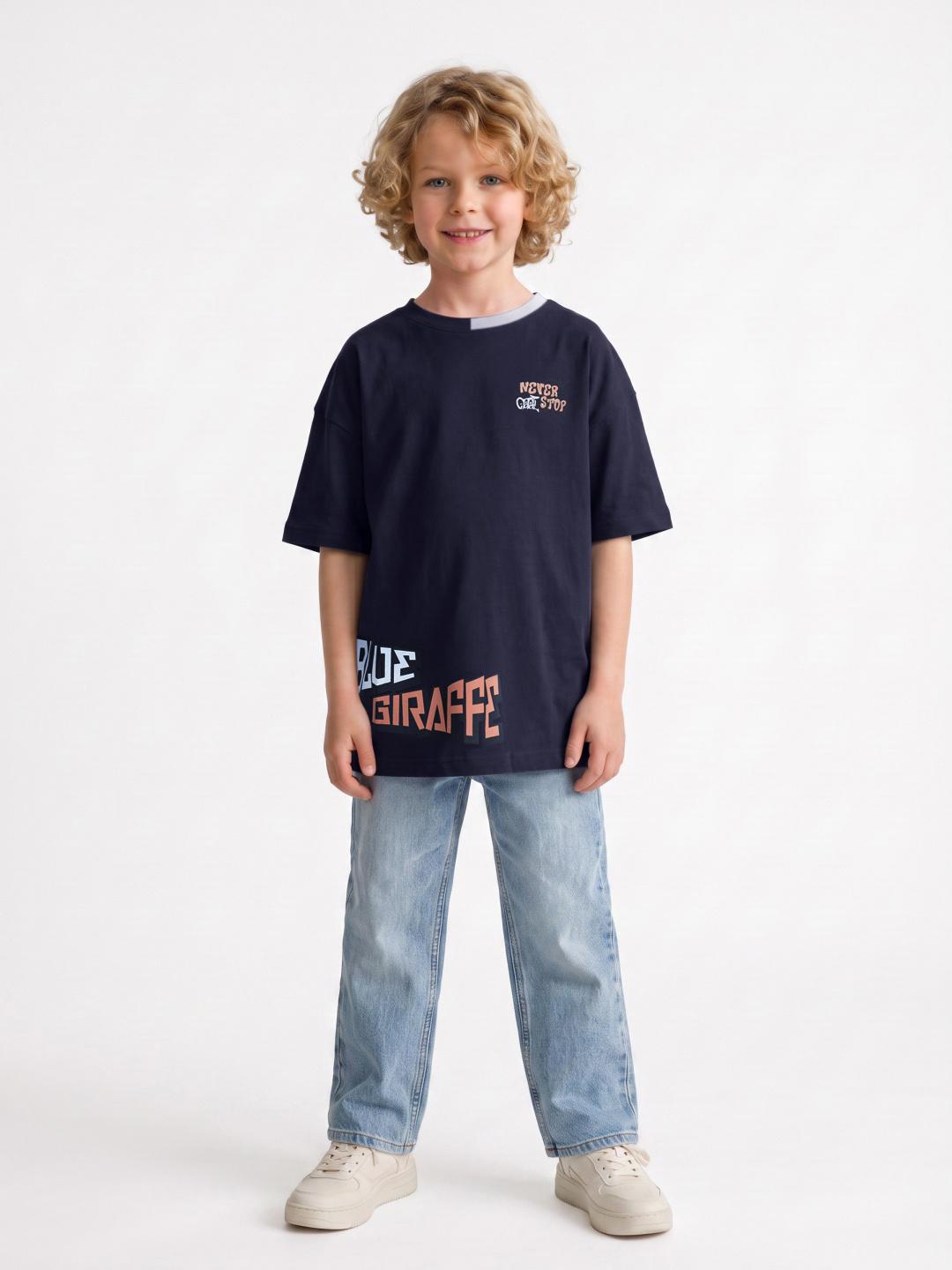 Blue Giraffe Boys Navy Blue Boxy Fit Solid Tshirt
