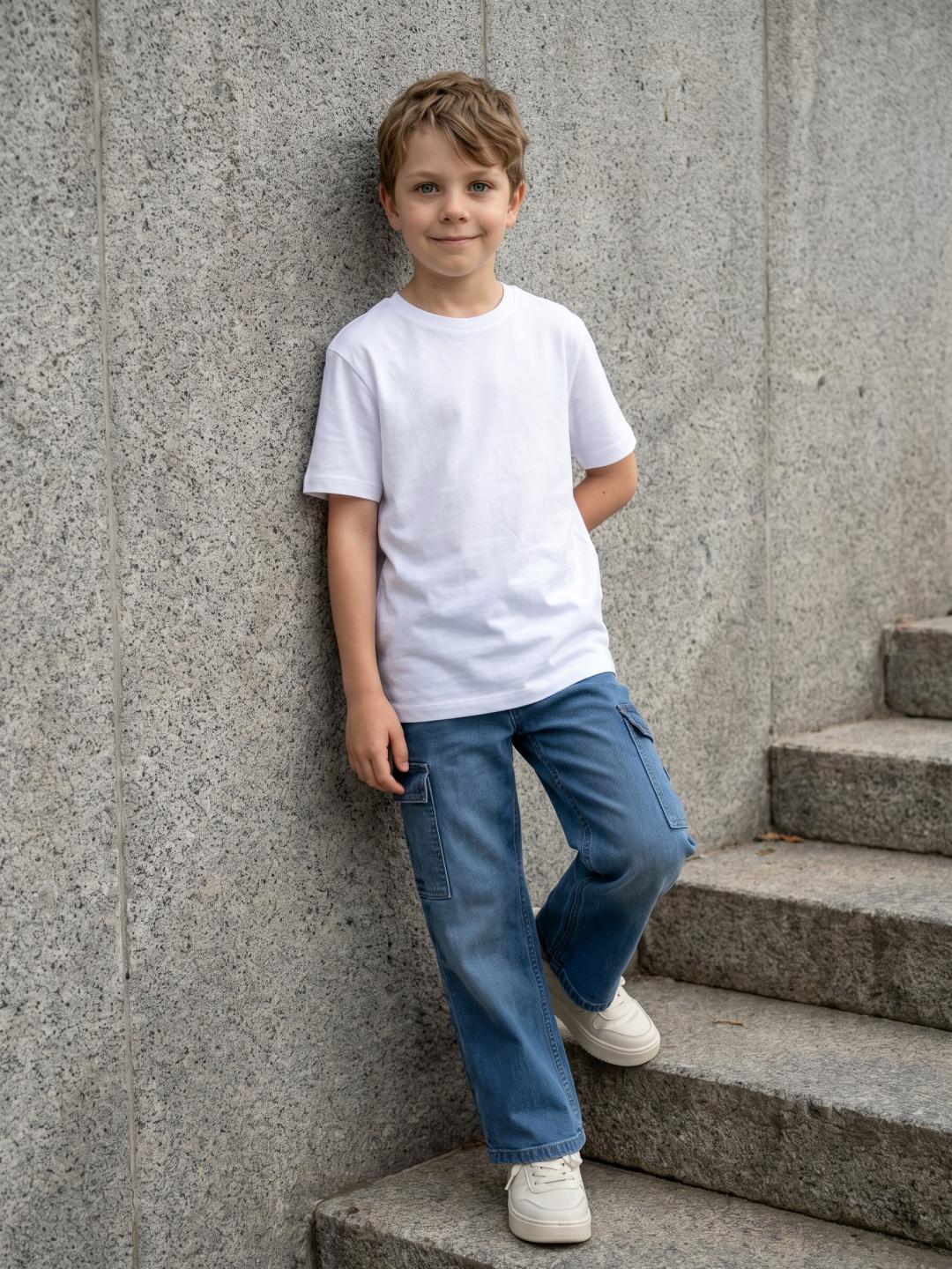 Blue Giraffe Boys Blue Straight Fit Stretchable Solid Cargo Jeans