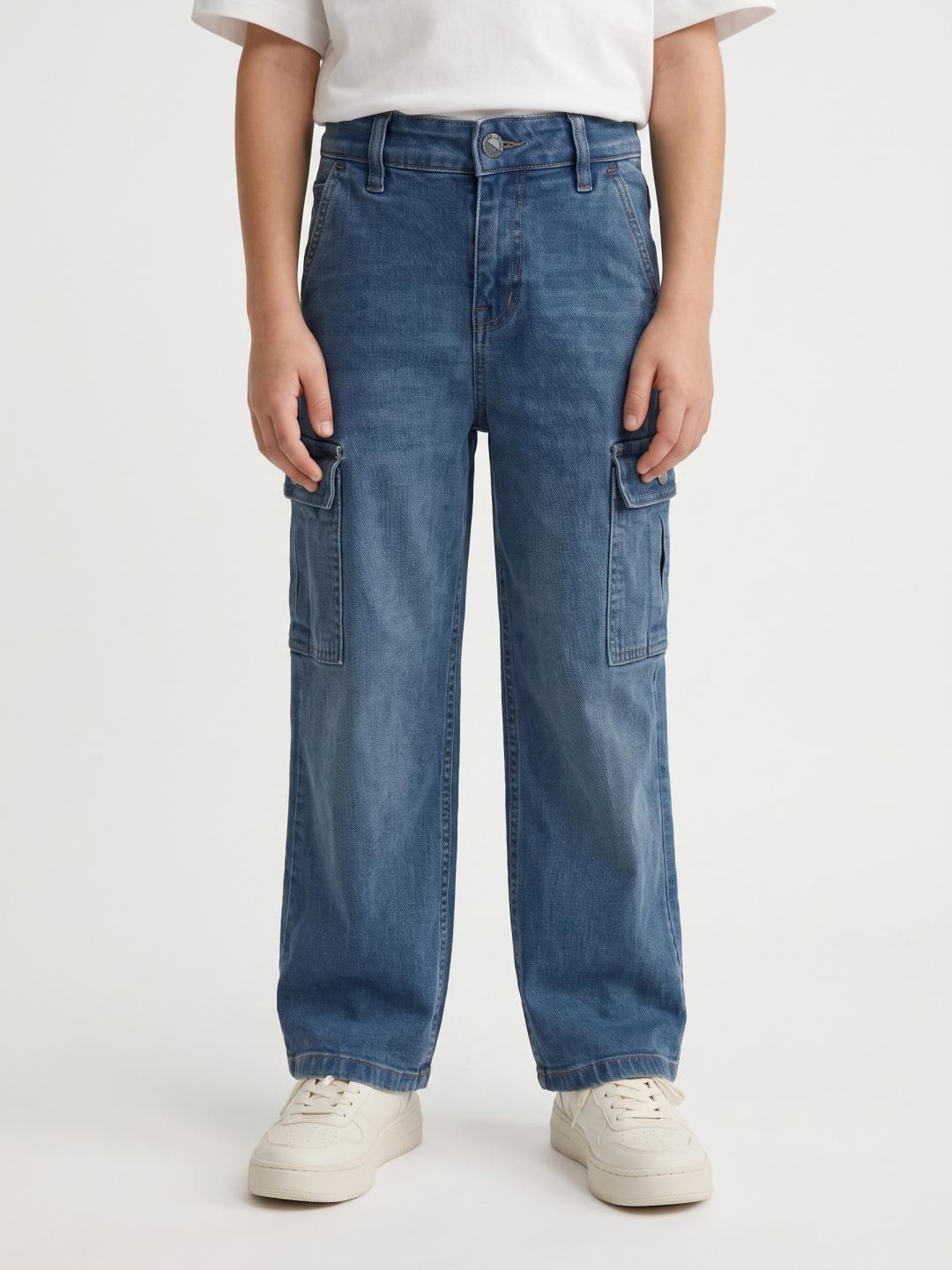 Blue Giraffe Boys Blue Straight Fit Stretchable Solid Cargo Jeans