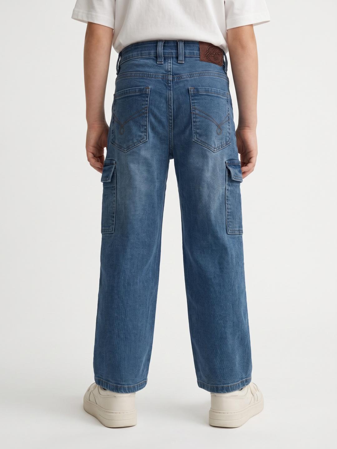 Blue Giraffe Boys Blue Straight Fit Stretchable Solid Cargo Jeans