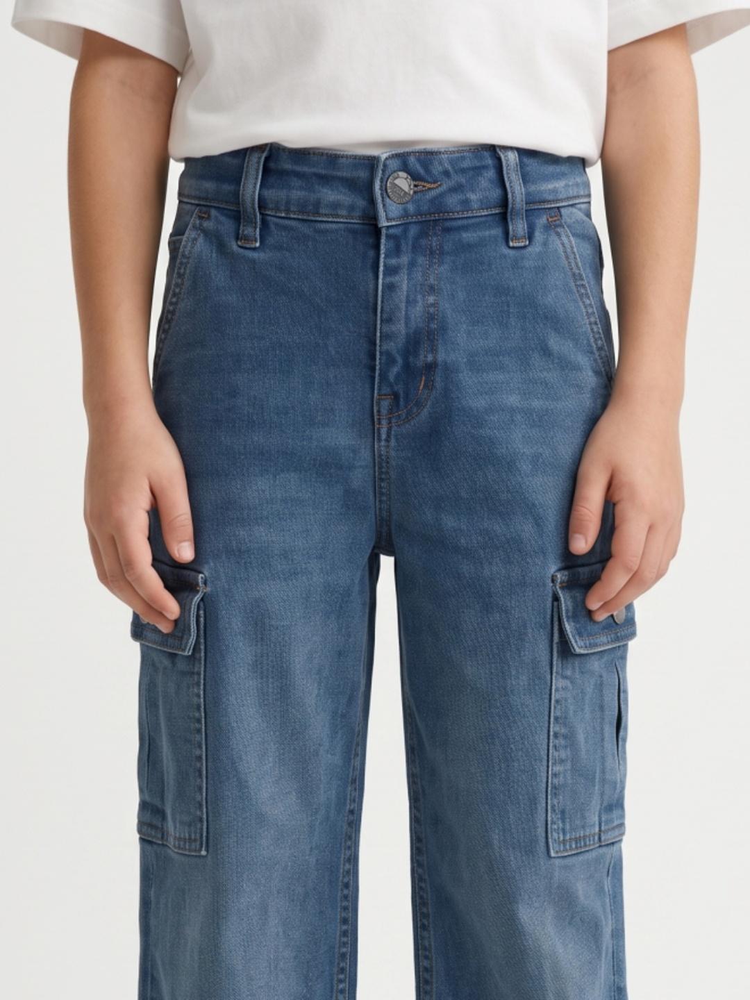 Blue Giraffe Boys Blue Straight Fit Stretchable Solid Cargo Jeans