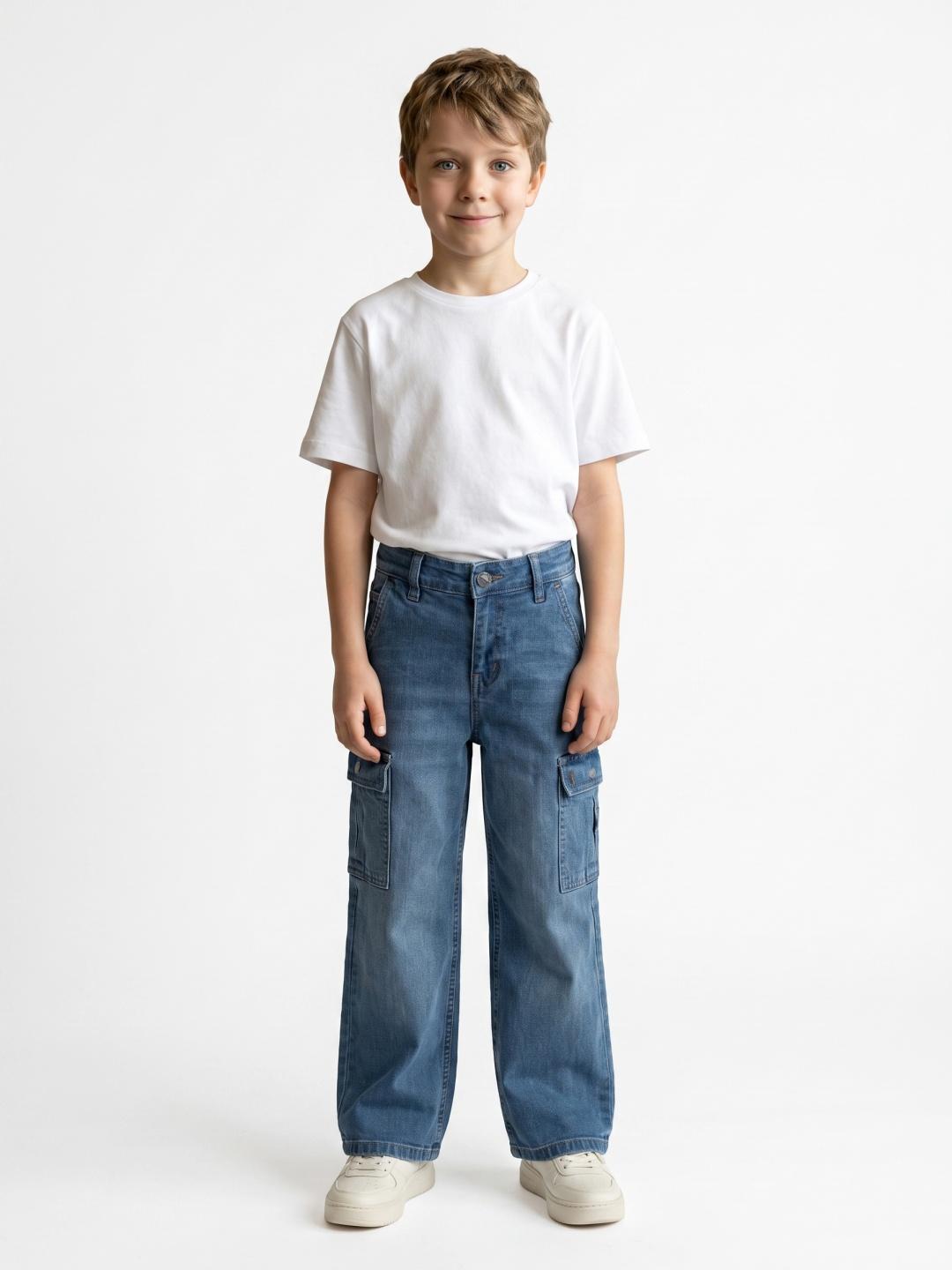 Blue Giraffe Boys Blue Straight Fit Stretchable Solid Cargo Jeans