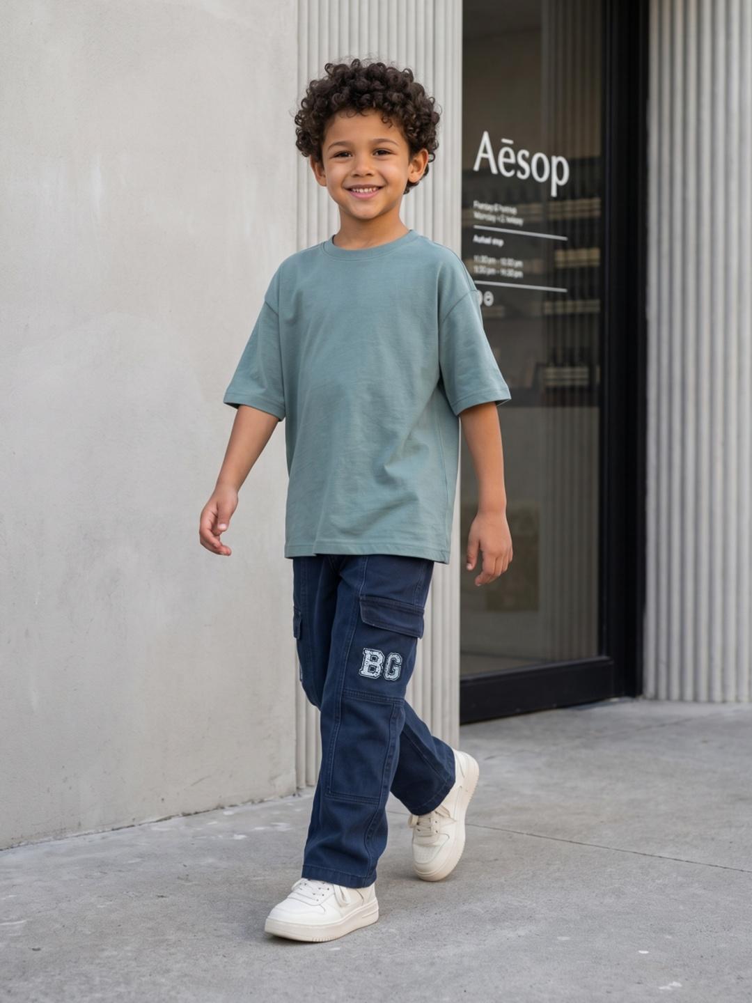 Blue Giraffe Boys Blue Straight Fit Cargo Solid Jeans