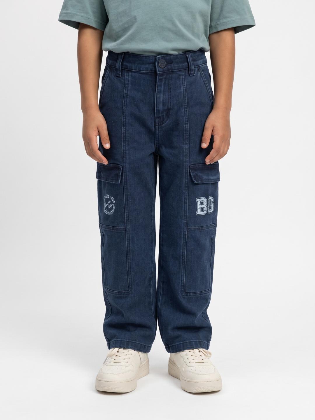 Blue Giraffe Boys Blue Straight Fit Cargo Solid Jeans